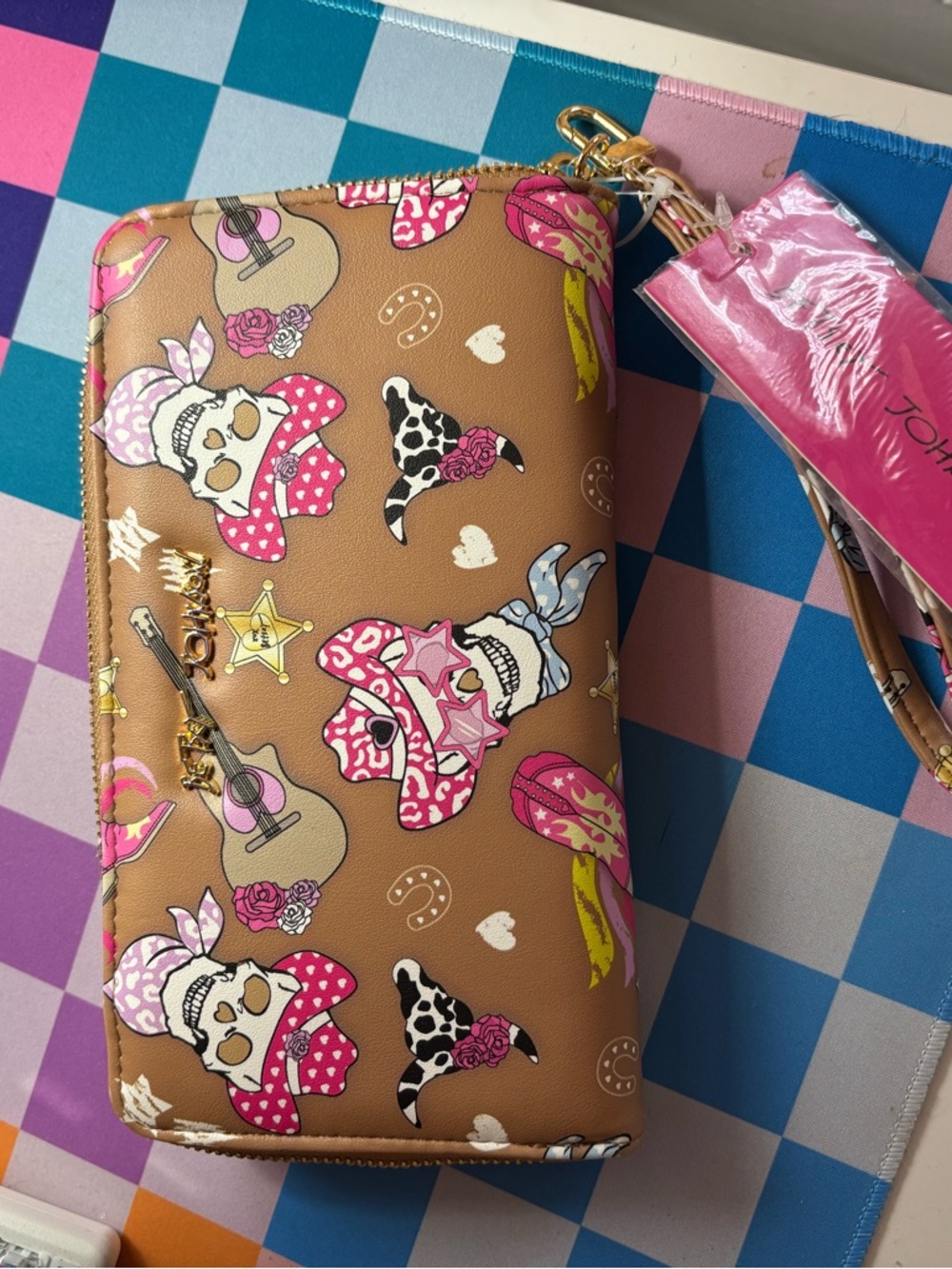 Betsey Johnson Tan Wallet with Pink & White Cowgirl Skull Print